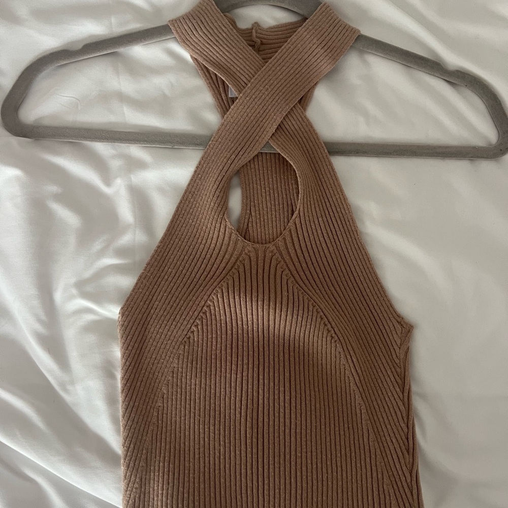Elegant Brown Ribbed Halter Top